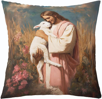 Manfei Man Holding Lamb Kids Throw Pillow Cover,Pink Yellow Spiritual Faith Double Sides Pillow Case,Inspirational Verse Home Decor,Flowers The Lost Lamb Couch Sofa Cushion Cover,1 Pack 22"x22"