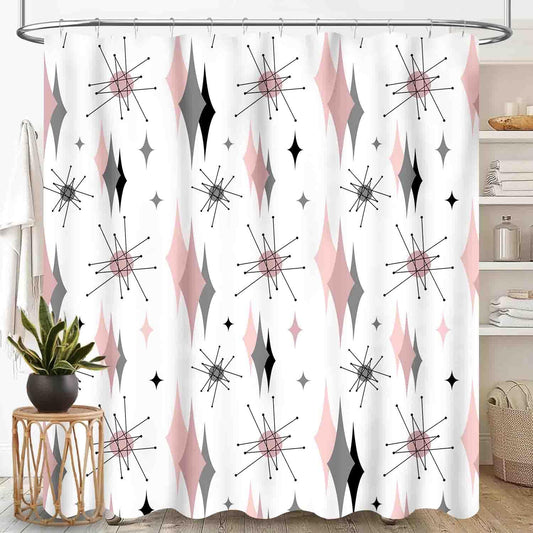 Mid Century Modern Shower Curtain, Pink Gray Geometric Atomic Abstract Pattern 1950s 1960s Retro Vintage Style Waterproof Fabric Bathroom Shower Curtain Set with Hooks, 72"x72" Inch
