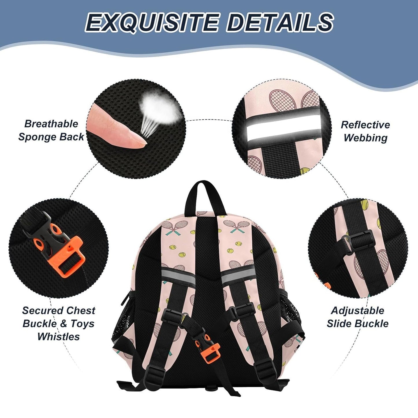 Tennis Rackets Balls Pink Pattern Toddler Harness Backpack for Boys Girls 3-6 Years Kids Backpack with Anti Lost Safety Leash Baby Harness Bookbag for Preschool Travel Walking