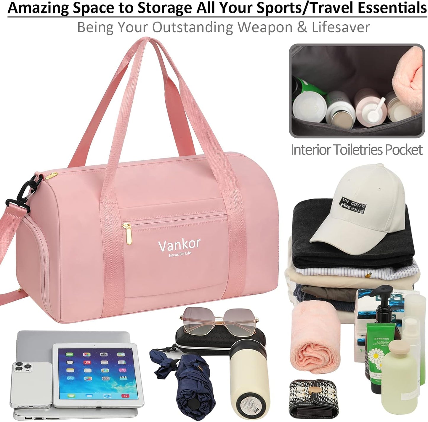 Vankor Small Gym Bag for Women with Shoe Compartment, Waterproof Sports Duffle Bag for Travel Carry on Duffel, Weekender Beach Yoga Workout Overnight Mommy Maternity Hospital Bag Pink 17.5 inches