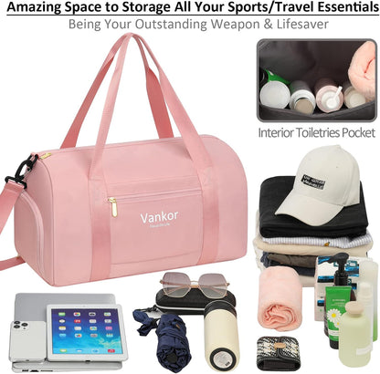 Vankor Small Gym Bag for Women with Shoe Compartment, Waterproof Sports Duffle Bag for Travel Carry on Duffel, Weekender Beach Yoga Workout Overnight Mommy Maternity Hospital Bag Pink 17.5 inches