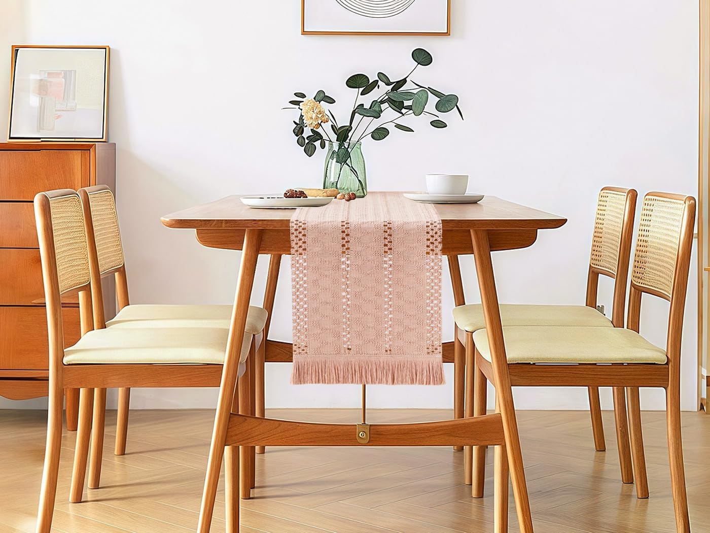 YATOJUZI Pink Table Runner Pure Pink Boho Table Runners with Tassels 48 Inches Seasonal Small Table Runner Rustic Farmhouse Table Runners for Bohemian Dining Bedroom Kitchen Decor 12x48 Inches
