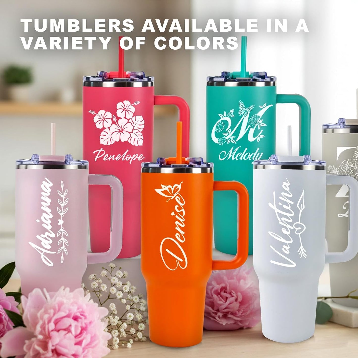 Personalized 40 oz Engraved Tumbler, With Handle, 2 Straws, Brush and Pad, Custom Stainless Steel Insulated Travel Cup, Double-Wall, Keeps Drinks Hot & Cold, Gift for Him, Her, Teen. (Light Pink)
