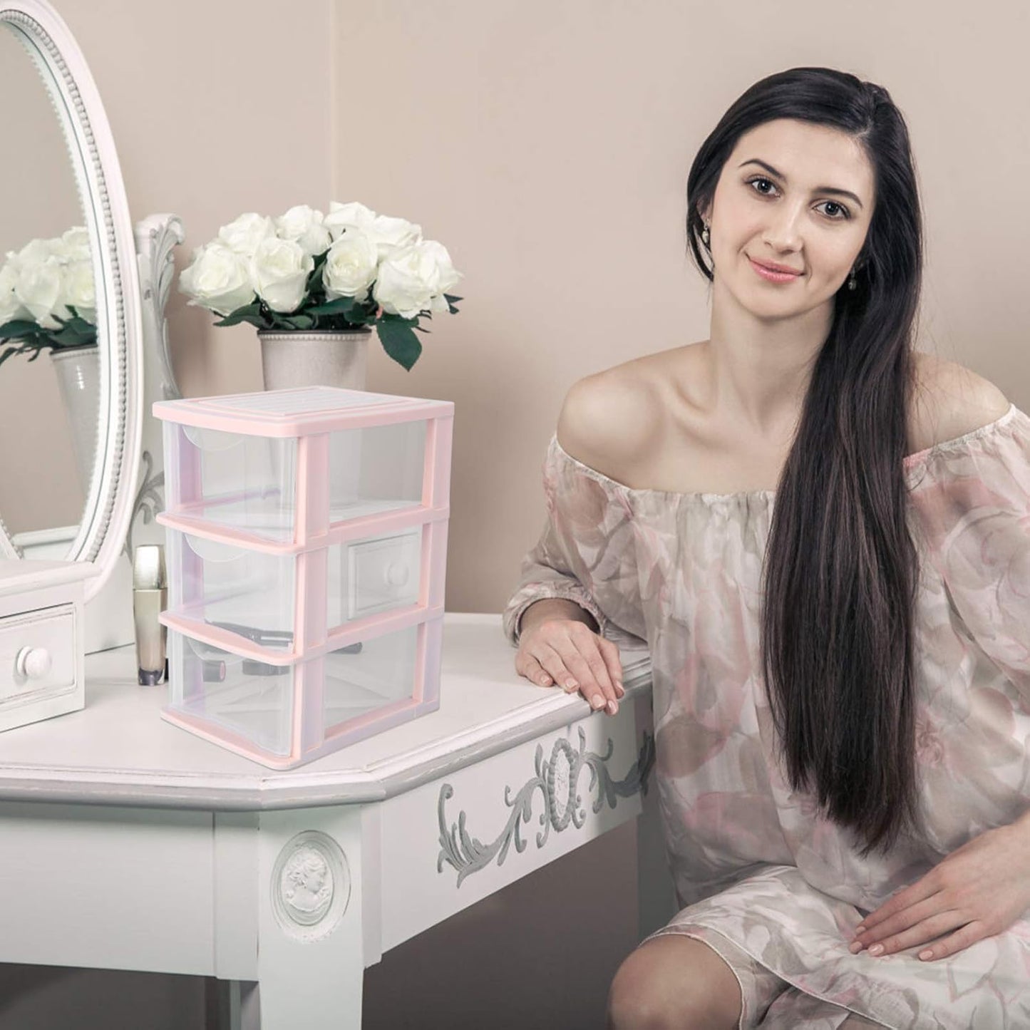 Yardwe Pink Plastic Storage Drawers 3-Layer Clear Drawer Organizer Box for Desktop Makeup and Stationery Storage 9.06X6.89X5.31 Inches Dustproof Unit