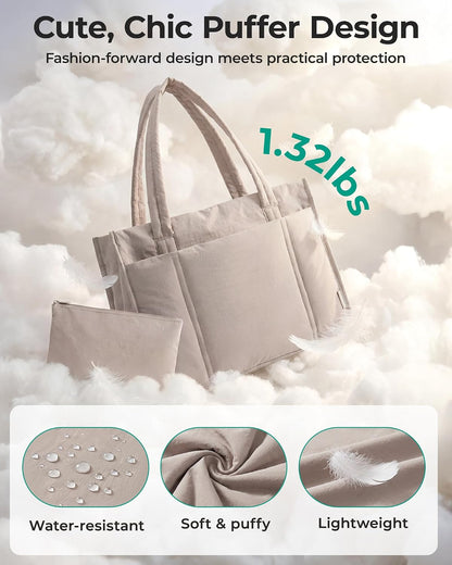 BAGSMART Tote Bag for Women, 2Pc Puffy Tote Bag Set with Zipper, Quilted Large Work Teacher Bag for Travel