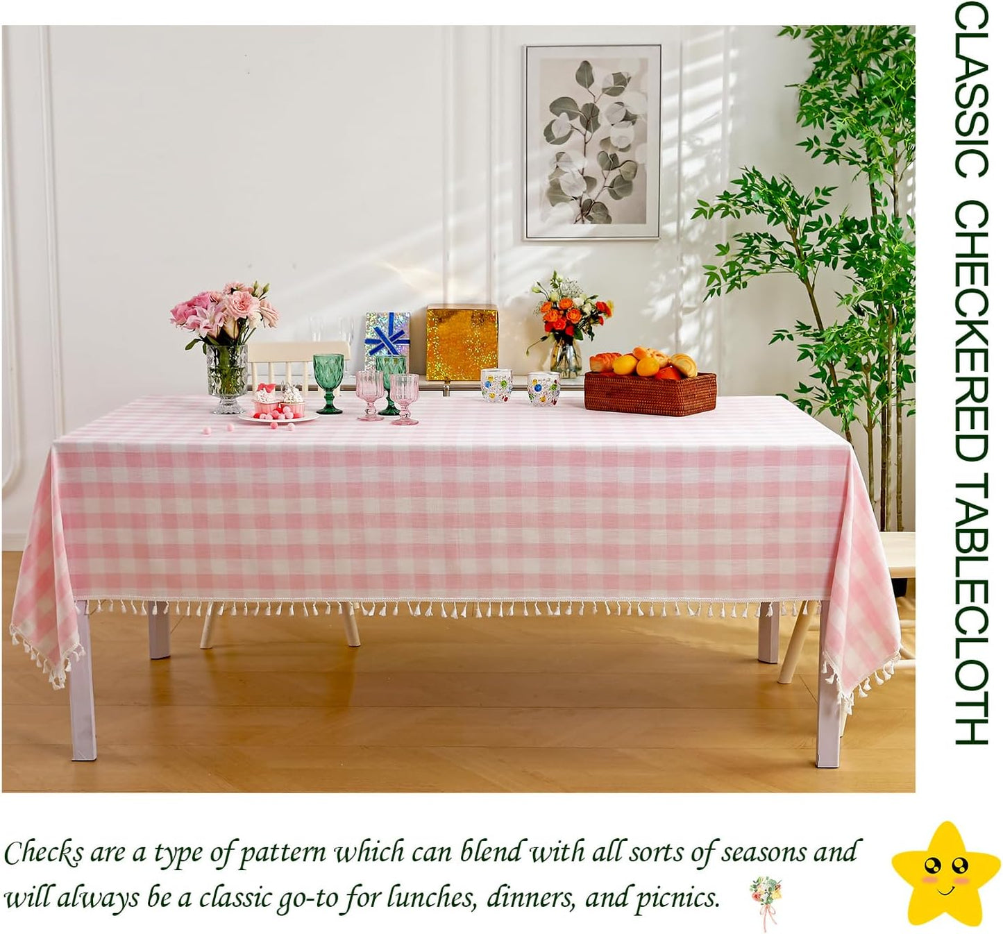 Midsummer Breeze Rectangle Table Cloth for Spring, Summer, Valentine's Day, Easter, Christmas Tablecloth-Farmhouse Gingham Cotton Tablecloths (55" x 70",Pink)