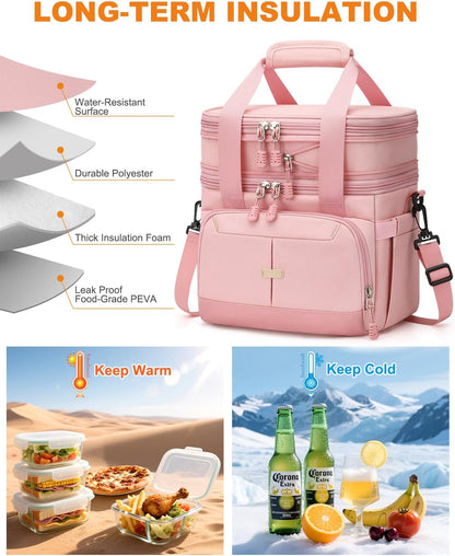 Pritent Lunch Box For Men Women Double Deck Insulated Lunch Bag For Men Woman Leakproof Expandable Cooler Bag with Adjustable Shoulder Strap for Work Picnic School(Pink,Medium)