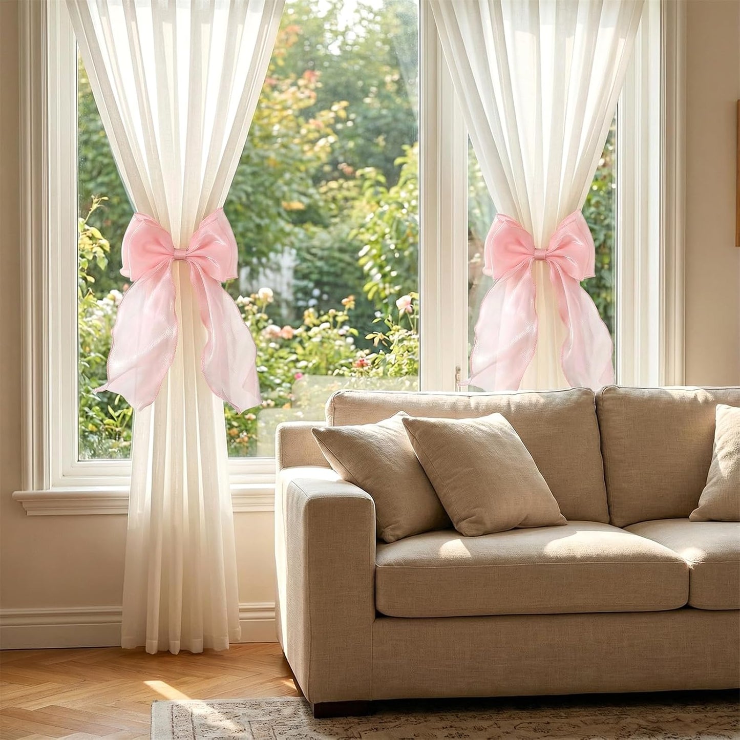 Thinp 2 Pieces Bow Curtain Tiebacks, French Bowknot Curtain Holdbacks Silky Curtains Strap Lace Ribbon for Home Bedroom Office Dining Rooms Curtains Decorative (Pink)