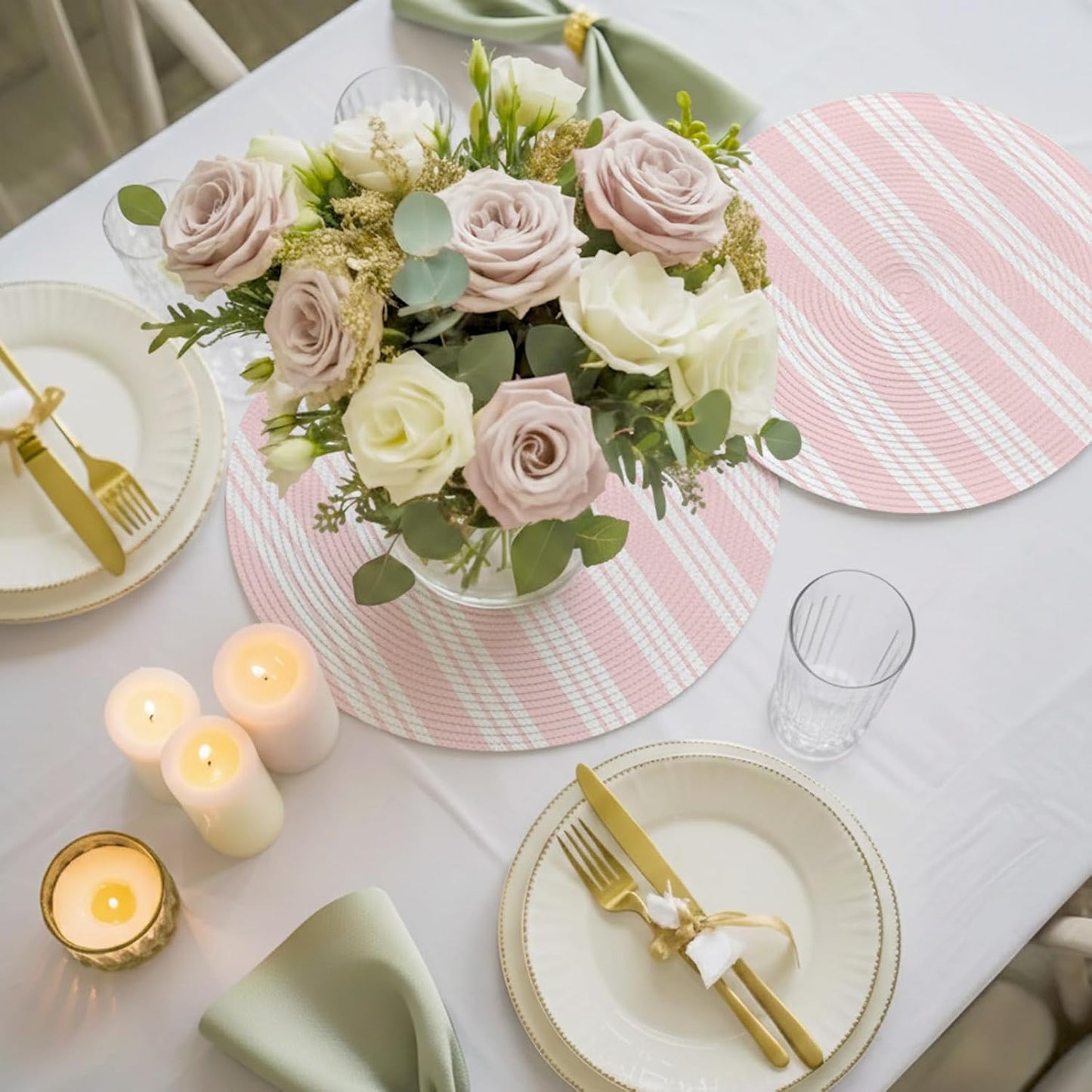 Round 13'' Placemats Set of 6, Striped Pink HeatResistant Polypropylene Placemats, Farmhouse Line Stripes Classic Washable Woven Braided Place Mats for Dining Table, Non Slip Kitchen Table Decor