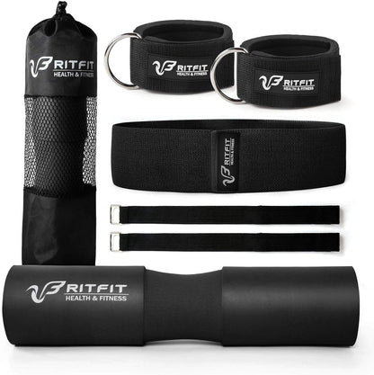 RitFit 7 Pcs Barbell Squat Pad Set, with Resistance Band, 2 Safety Straps, 2 Gym Ankle Straps & Carry Bag, Upgraded Neck & Shoulder Protective Pad Support for Squats, Lunges & Hip Thrust (Pink/Black)