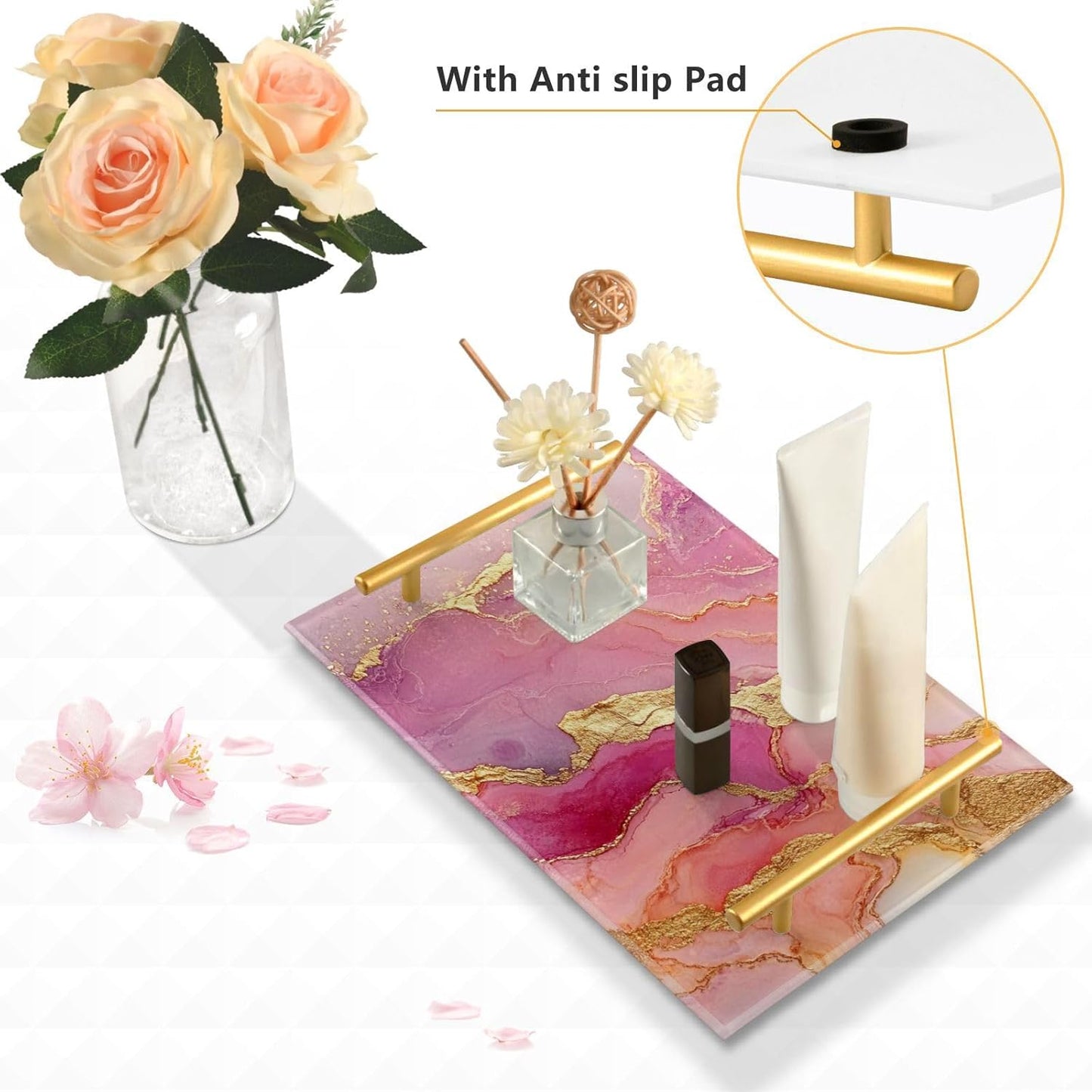Marble Rose Gold Hot Pink Decorative Acrylic Cafeteria Tray with Handles Flat Serving Tray for Jewelry Perfume for Drink Serving Tabla para desayuno