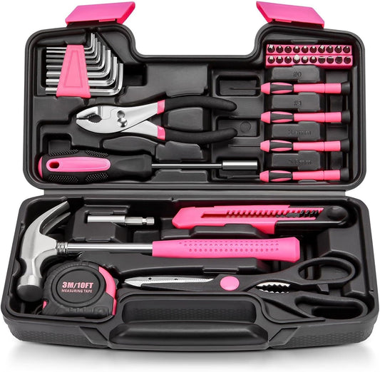 39pcs Pink Household Tool Set Essential Hand Tool Kit with Plastic Toolbox for Home Repairs DIY & Crafts Tool