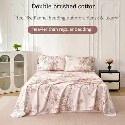 Zusbest King Size Sheets Pink Floral Sheet Set 400TC 100% Cotton Flannel-Like Warm Luxury Bed Sheet Set 4Pcs, Button Closure Double Brushed Extra Soft Breathable Toile Printed Deep Pocket 17‘’