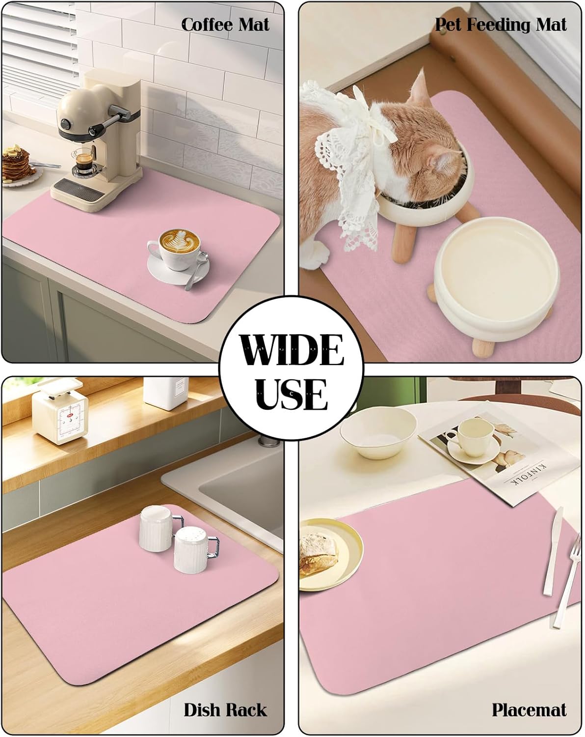 Pink Dish Drying Mat for Kitchen Counter, Modern Solid Pink Ultra Absorbent Coffee Mat/Dish Drainer, Romantic Pink Quick Drying & Non-Slip Rubber Backed Drying Mat Rack Pad, 12" W x 16" L