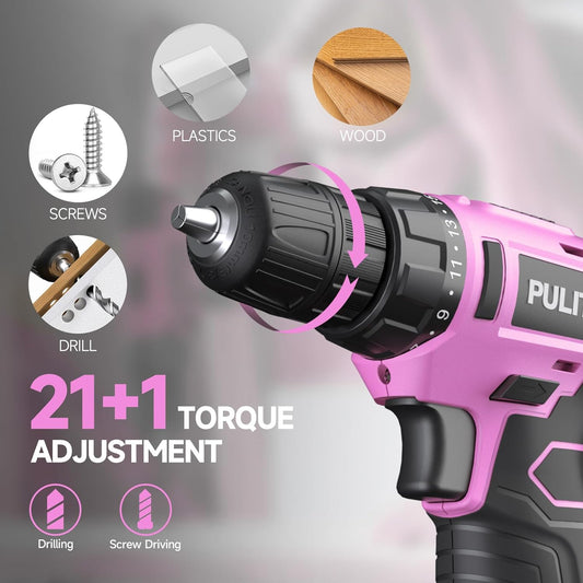 PULITUO 12V Pink Cordless Drill Set Power Drill Kit with Battery and Charger,electric drill home improvement,3/8-Inch Keyless Chuck,Built-in LED,21+1 Torque Setting