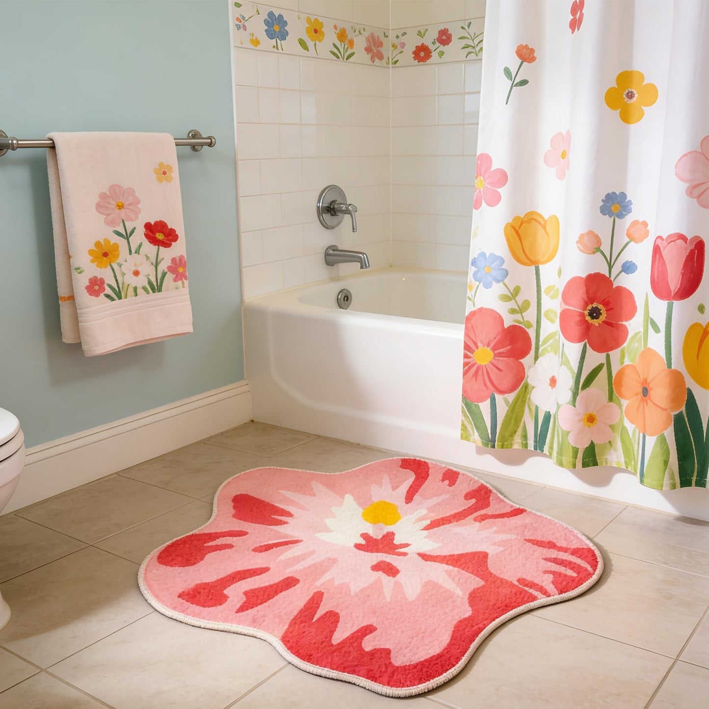 Pink Hibiscus Bath Rug 27" x 23" Flower Shaped Non-Slip Cute Thin Fluffy Spring Summer Plant Small Area Accent Indoor Door Rug for Bathroom Bedroom Garden House, Absorbent Washable Quick Dry