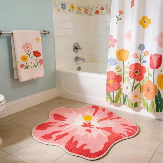 Pink Hibiscus Bath Rug 27" x 23" Flower Shaped Non-Slip Cute Thin Fluffy Spring Summer Plant Small Area Accent Indoor Door Rug for Bathroom Bedroom Garden House, Absorbent Washable Quick Dry