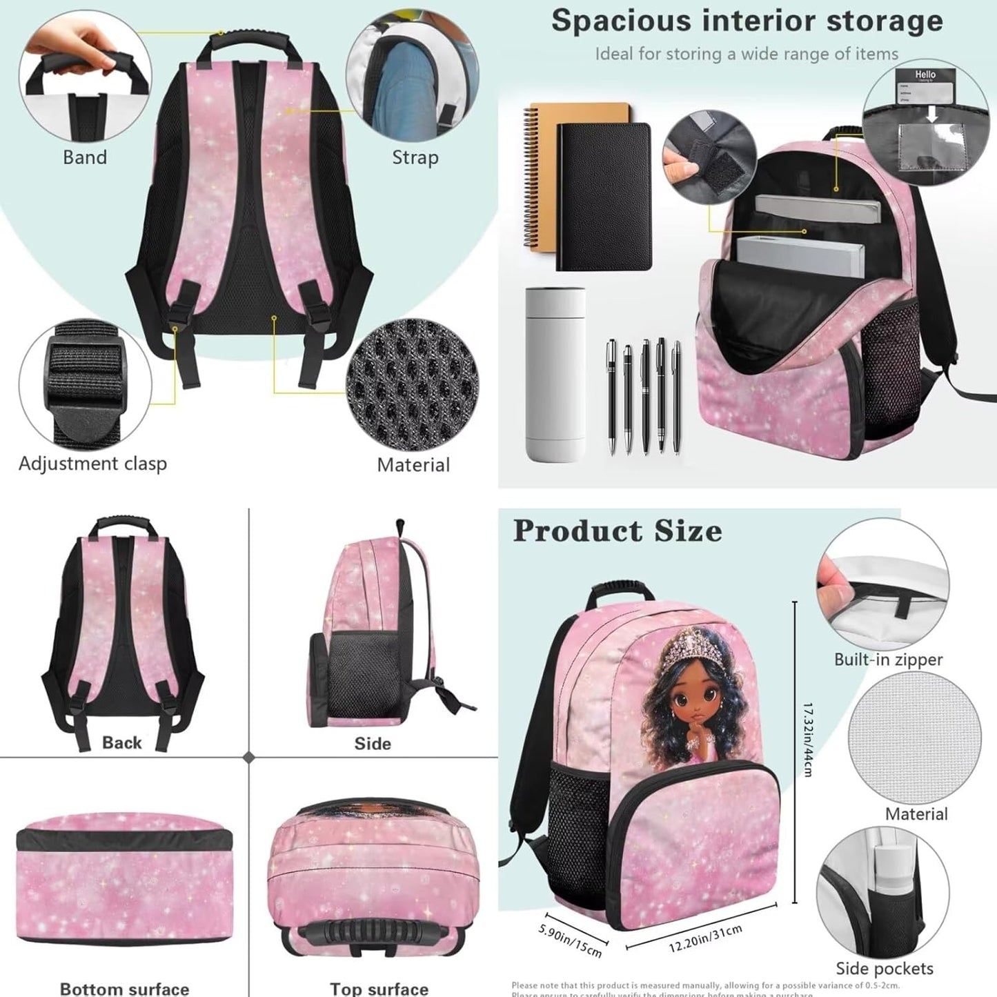 HUIACONG Girls Crown Girl Backpack Set with Portable Lunch Bag and Pencil Holder 17 Inch Pink Bookbag 3 Pcs for Ages 10-12