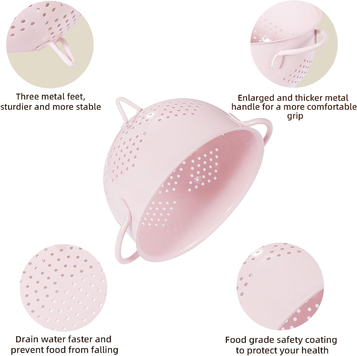 Metal Colander 5 Quart Powder Coated Self-draining Metal Strainer with Base,Kitchen Pasta Fruit Vegetable Basket with Double Handles (Pink)