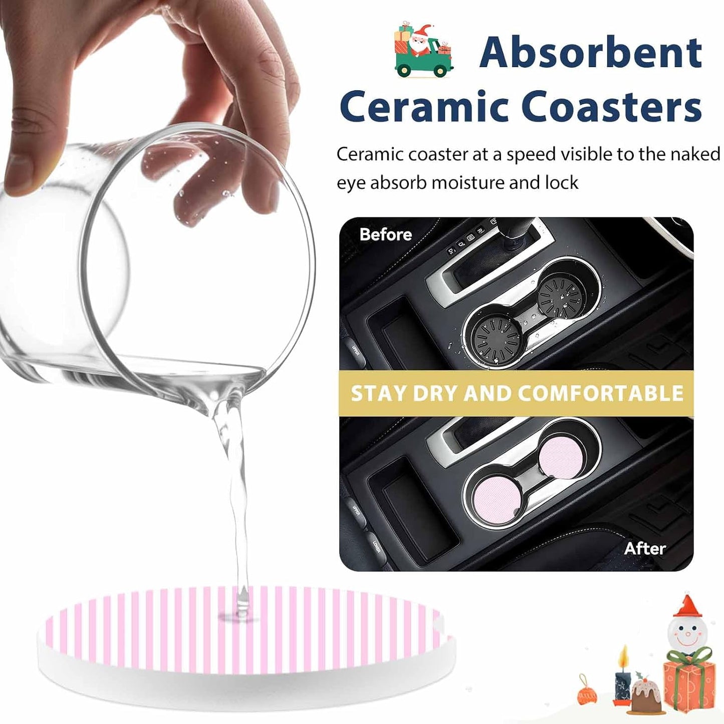 Simple White Striped Car Coaster, Pink Stripes Modern Style Absorbent Ceramic Coasters for Car, 2 Pcs Coasters for Auto Cupholder Accessories Keep Vehicle Clean 2.56inch