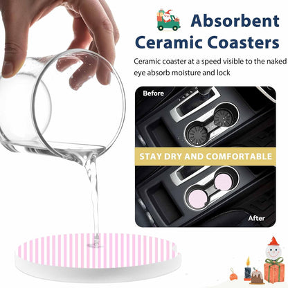 Simple White Striped Car Coaster, Pink Stripes Modern Style Absorbent Ceramic Coasters for Car, 2 Pcs Coasters for Auto Cupholder Accessories Keep Vehicle Clean 2.56inch
