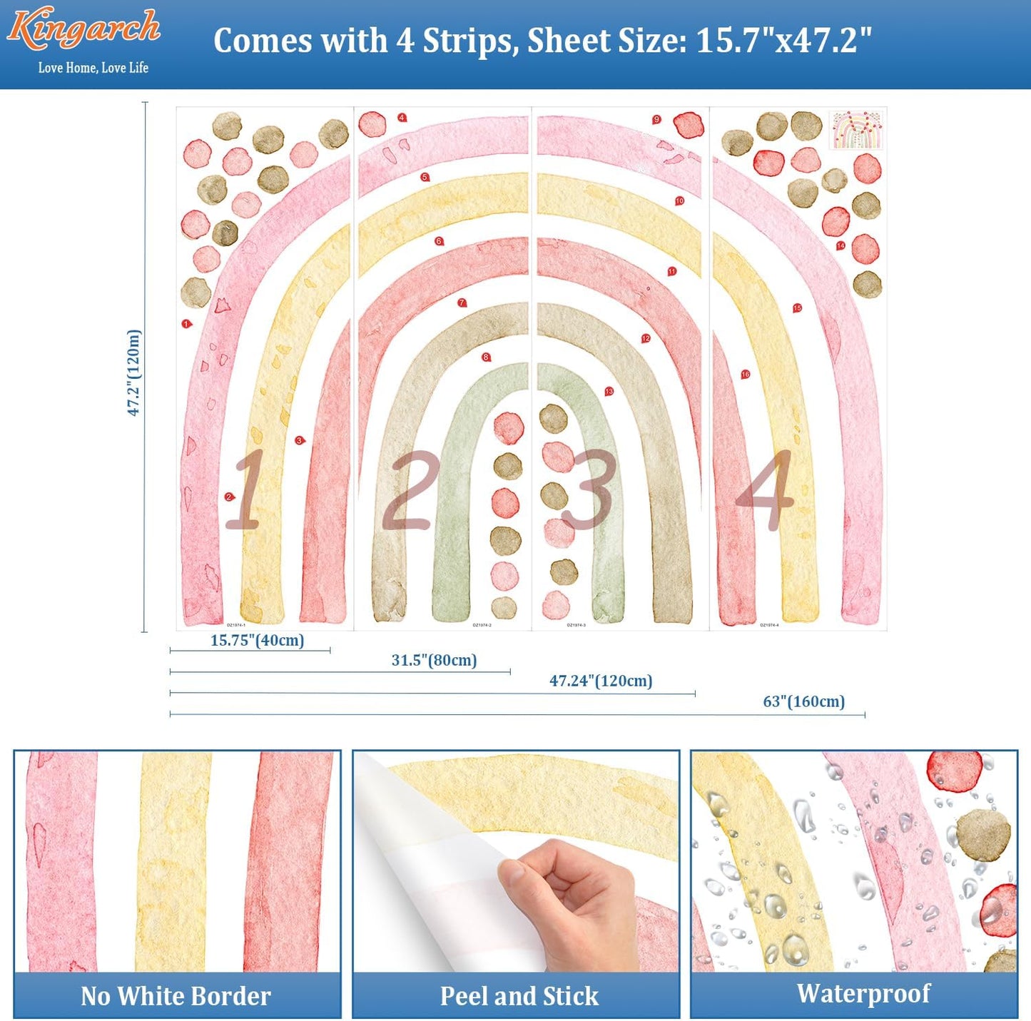 Large Pink Rainbow Wall Decals, Boho Dots Peel and Stick Fabric Nursery Wall Decor, Removable Home Room Wall Decor Murals Stickers for Kids Girls Toddler Bedroom Living Room Playroom