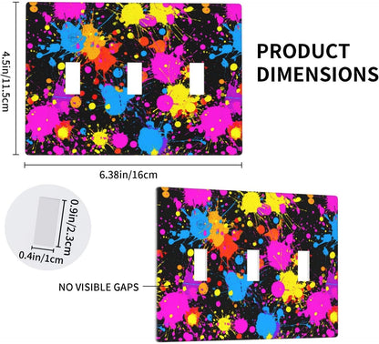 Neon Abstract Pink Blue Yellow Paint Splatter Light Switch Covers 3 Gang Triple Toggle Wall Plate Switchplate Electrical Faceplate For Bathroom Kitchen Bedroom Decor