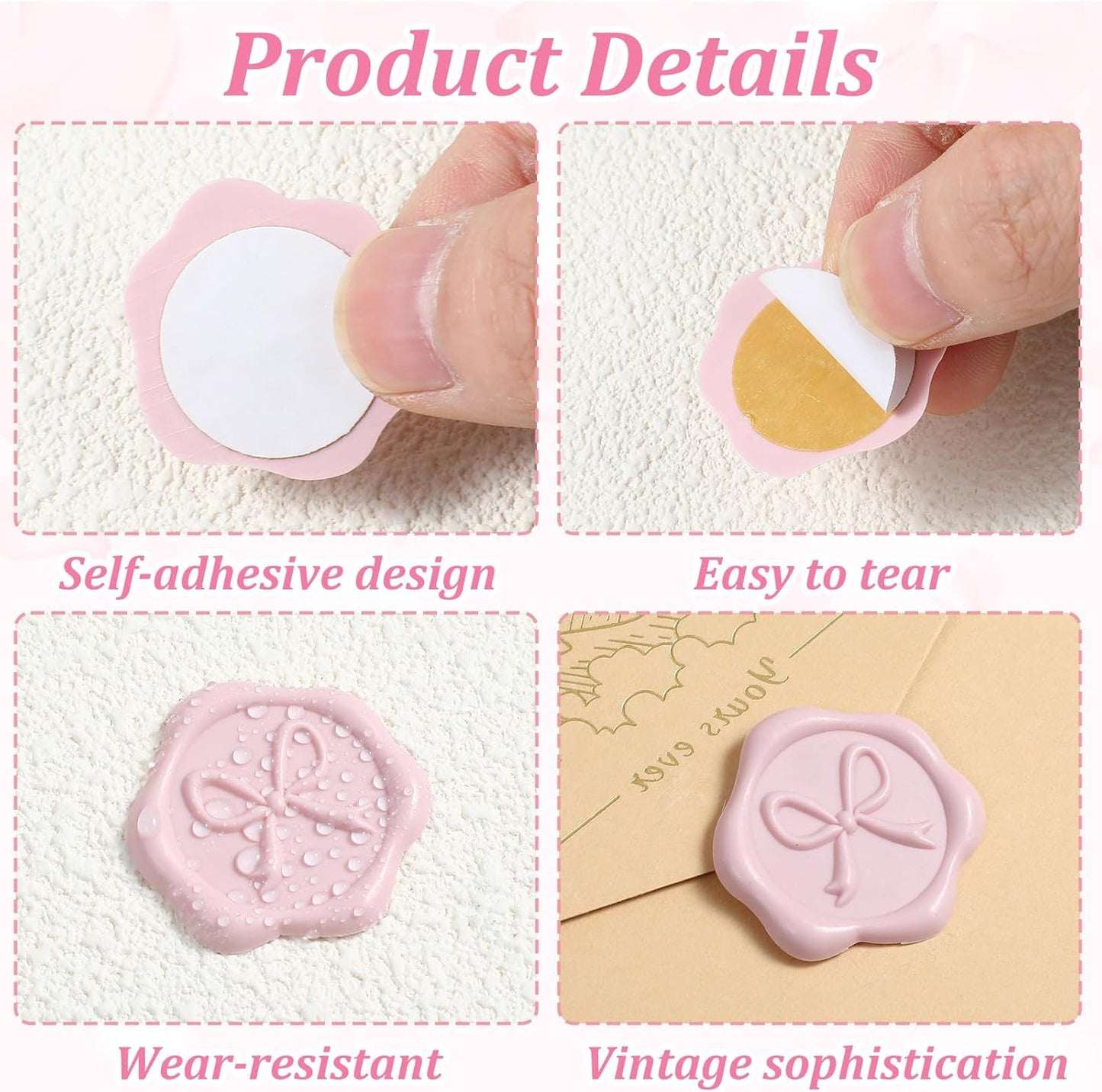 50pcs Wax Seal Stickers, Bow Envelope Seal Stickers, 3D Adhesive Antique Wax Stamp Sticker Decals for Invitation Baby Shower Greeting Cards Gift Wrapping(Pink)