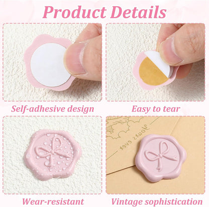50pcs Wax Seal Stickers, Bow Envelope Seal Stickers, 3D Adhesive Antique Wax Stamp Sticker Decals for Invitation Baby Shower Greeting Cards Gift Wrapping(Pink)