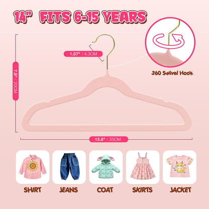 Korpai 50 Pack Kids Velvet Hangers 14 Inch, Non-Slip, Ultra Slim,Space-Saving Kids Hangers with 360° Swivel Hook, 7LBS Capacity, Kids Clothes Hangers Ideal for Childrens' Dresses/Shirts/Coats,Pink