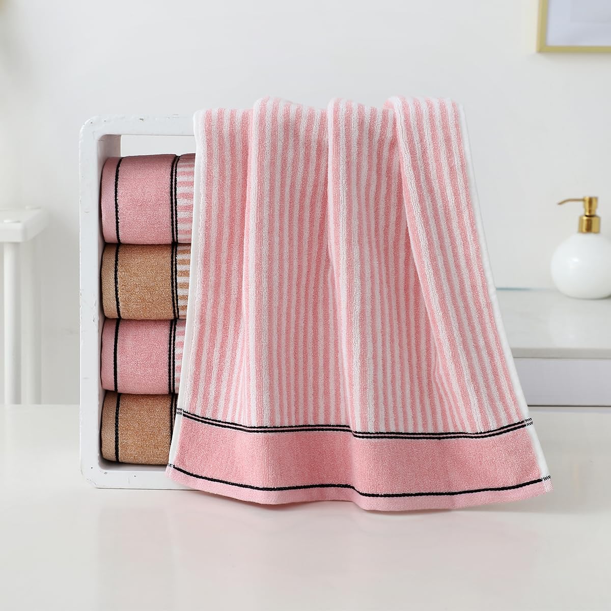 Pidada Hand Towels Set of 2 100% Cotton Striped Pattern Absorbent Soft Decorative Towel for Bathroom (Pink)