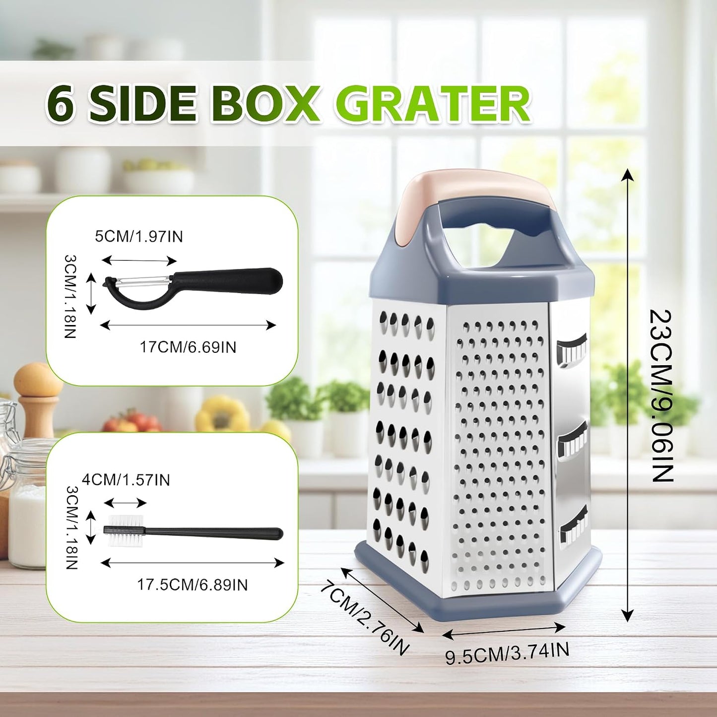 Box grater for kitchen 6 Sided - Cheese Graters Handheld, Stainless Steel Shredder for Food Vegetable Carrot Potato Tomato (Pink)