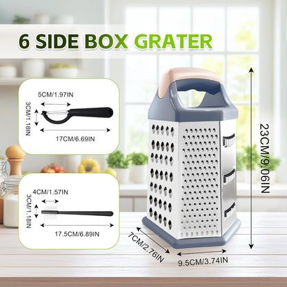 Box grater for kitchen 6 Sided - Cheese Graters Handheld, Stainless Steel Shredder for Food Vegetable Carrot Potato Tomato (Pink)