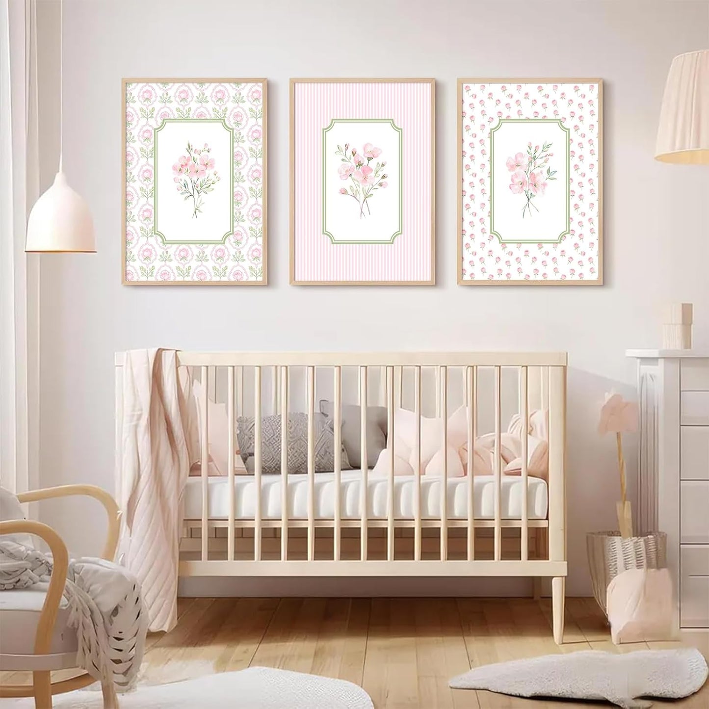 Pink Floral Wall Art Nursery Flower Canvas Wall Decor Baby Girl Wildflower Pictures Aesthetic Striped Botanical Poster Prints Pink Green Floral Painting Artwork for Girl Room 12x16 Inch Unframed 3Pcs