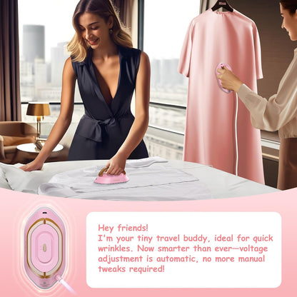 Newbealer Travel Iron with Global Voltage, 100-240V Mini Dry Iron for Clothes (No Steam), Max 300W, 60s Heat Up, 302℉ Non-Stick Ceramic Soleplate, 0.8lbs Ultra-Lightweight (Pink)