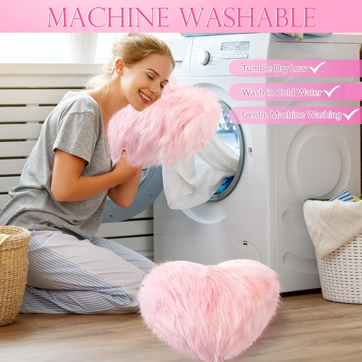 Maitys 2 Pcs Heart Shaped Pillows 12 x 16 Inch Faux Fur Throw Fluffy Cute Soft Throw Pillows Decorative with Insert for Anniversary Bedroom Living Room Sofa Couch (Pink)