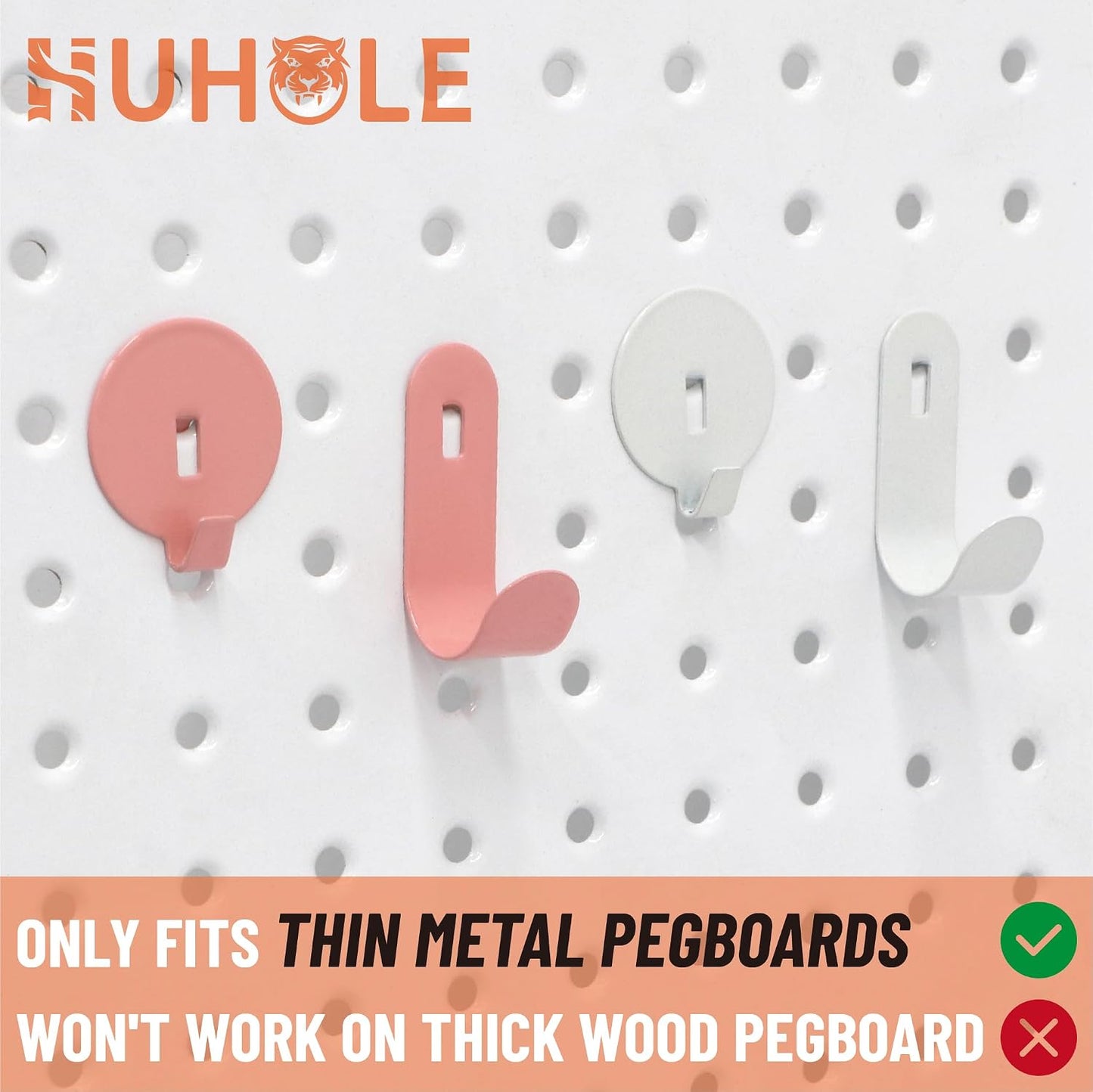 HUHOLE 20PC Pink Pegboard Clip Hooks for Thin Metal 1/4 Inch Pegboard | Picture Hangers with 10 lb Capacity, 10 Round and 10 Angled Peg Hooks for Jewelry, Crafts and Small Accessories
