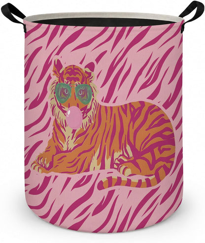 Trendy Pink and Orange Tiger Laundry Basket with Handles, Preppy Tiger with Sunglasses Laundry Hamper Waterproof Collapsible Clothes Toys Storage Organizer for Girls Dorm Bedroom Bathroom