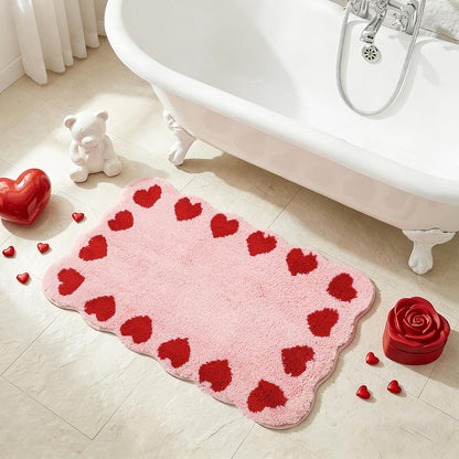 Whaline Valentine' s Day Rug Mat Bathmat 32 x 20 Inch Red Heart Scalloped Pink Absorbent Bathroom Rug for Wedding Anniversary Home Kitchen Living Room Decoration