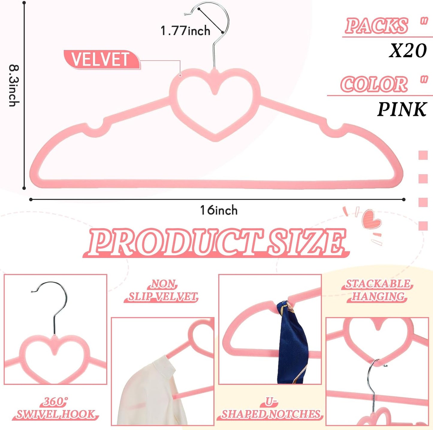 Tessco for you 20 Pcs Velvet Clothes Hangers with 20 Pcs Clips Non Slip Pink Cute Heart Hanger 360 Degree Swivel Hook Space Saving Felt Heart Drying Rack for Women Pant Jacket Shirt Skirt Suit Dress