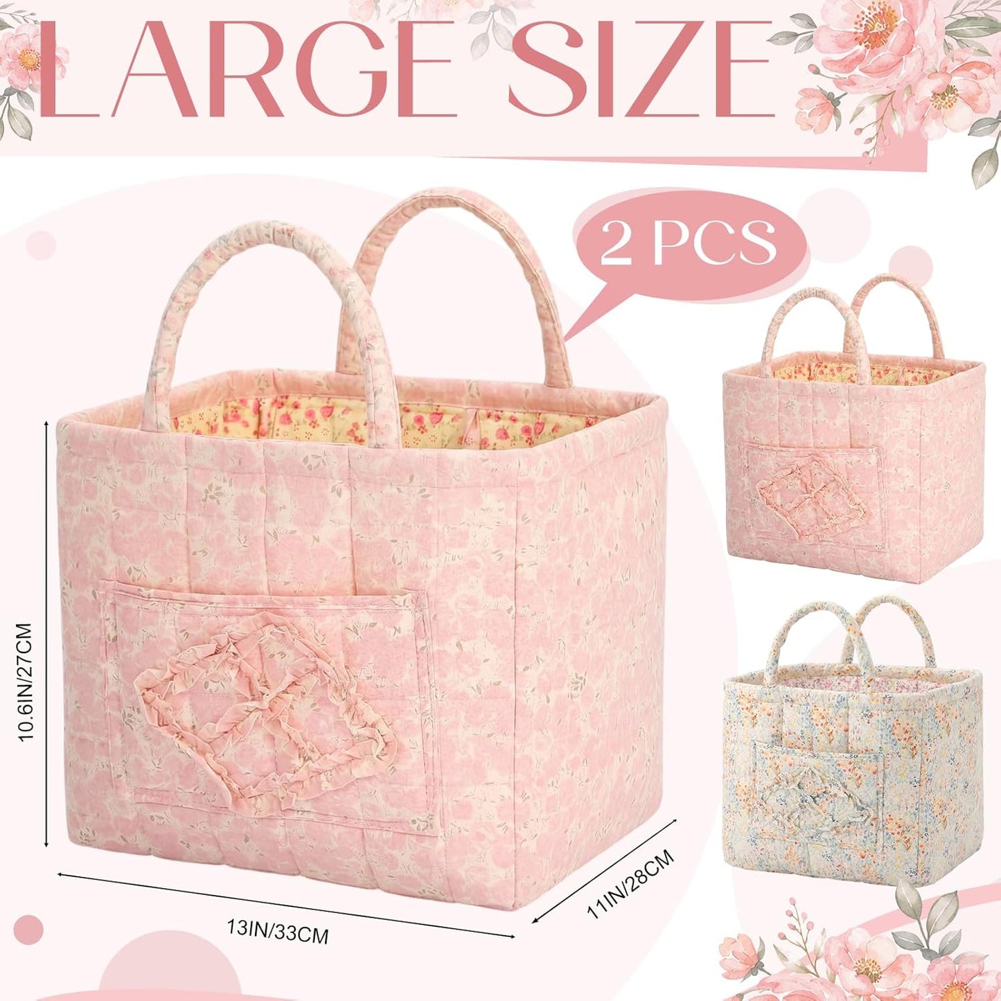 2 Pcs Quilted Fabric Storage Basket with Handles 13"x11"x10.6" Boho Foldable Laundry Organizer Bin for Home Picnic Shopping Travel (Pink,Flower)