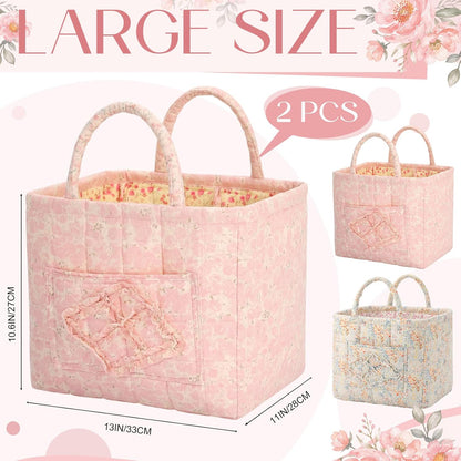 2 Pcs Quilted Fabric Storage Basket with Handles 13"x11"x10.6" Boho Foldable Laundry Organizer Bin for Home Picnic Shopping Travel (Pink,Flower)