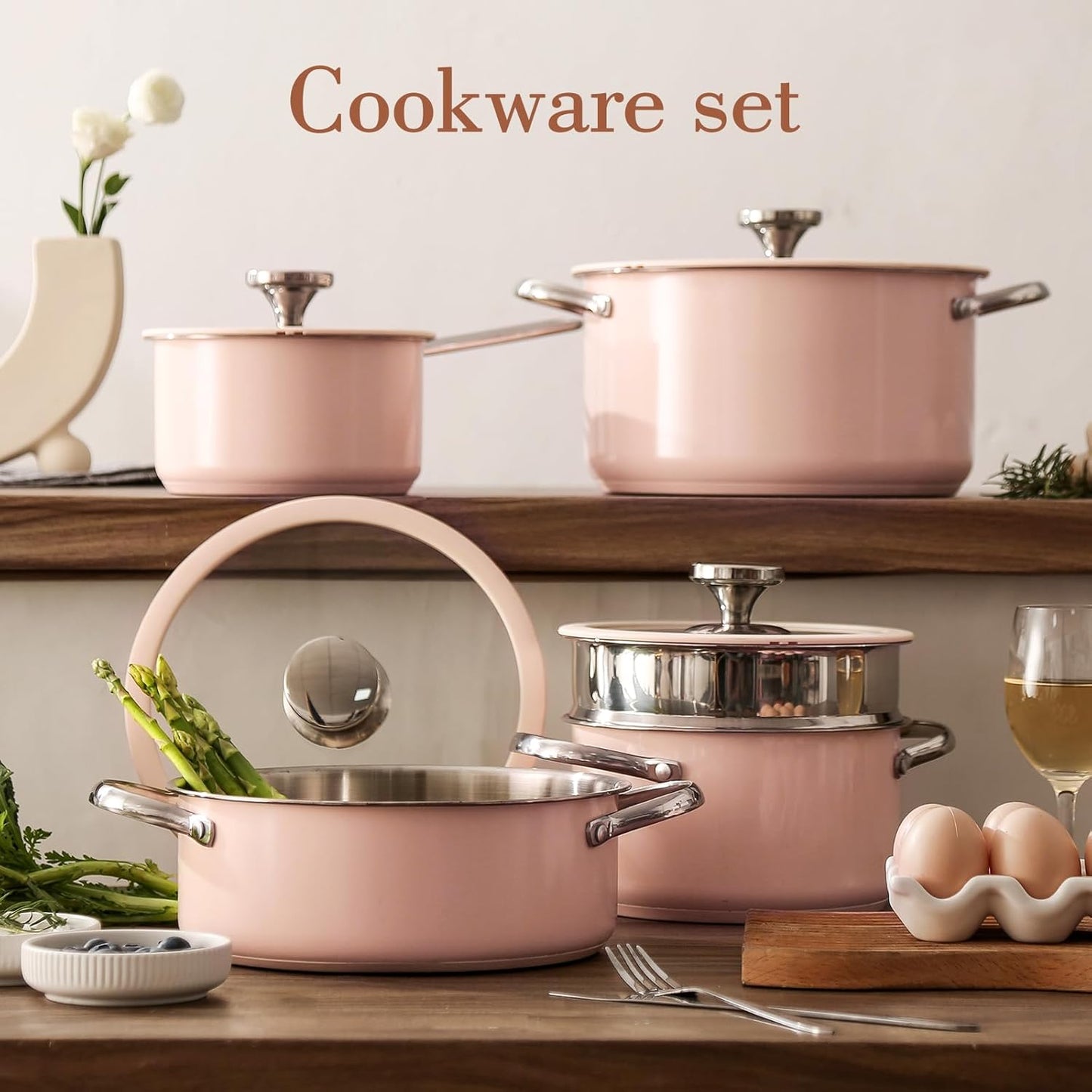 9pcs Stainless Steel Cookware Set for Family Kitchen, 304 Grade, Ceramic Coated Exterior, Induction Compatible Pots and Pans with Glass Lids, Non-Toxic & Easy to Clean,Pink