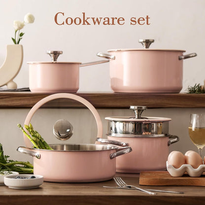 9pcs Stainless Steel Cookware Set for Family Kitchen, 304 Grade, Ceramic Coated Exterior, Induction Compatible Pots and Pans with Glass Lids, Non-Toxic & Easy to Clean,Pink
