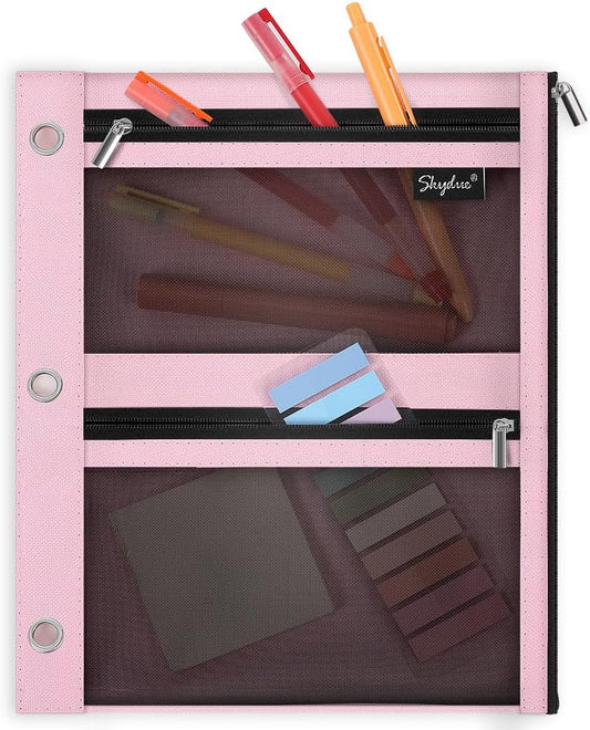 SKYDUE Pencil Pouch for Binder, Pencil Case, 3 Ring Binder Pencil Pouch with 3 Pockets and Mesh Window, Zipper Pencil Pouch, Durable Organizer for School Supplies, Cables, Earbuds, Makeup, Pink