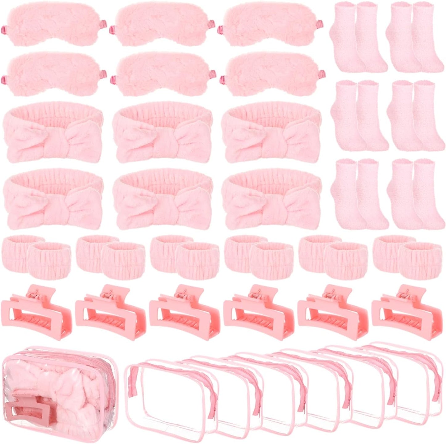 Homaisson 6 Sets Sleepover Party Supplies, Spa Set with Plush Sleep Eye Mask, Headband, Hair Clip, Socks, Bag for Girls Women Slumber Spa Birthday Pajama Gifts, Pink