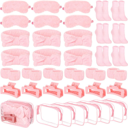 Homaisson 6 Sets Sleepover Party Supplies, Spa Set with Plush Sleep Eye Mask, Headband, Hair Clip, Socks, Bag for Girls Women Slumber Spa Birthday Pajama Gifts, Pink
