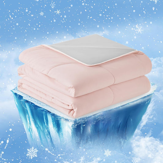 Cozy Bliss Cooling Comforter Queen Size, Cooling Blankets for Hot Sleepers and Night Sweats, Pink Gray Summer Comforter for Queen Size Bed, Breathable Soft Lightweight Silk Smooth