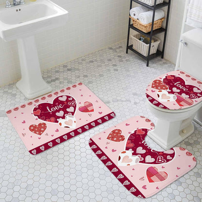 Light Pink Valentines Day Bathroom Rugs Mat Sets 3 Piece, Love Hearts Romantic Farmhouse Bath Shower Rugs with U-Shaped Contour Toilet Mat, Large Absorbent Bathtub Runner Rugs Floor Mats