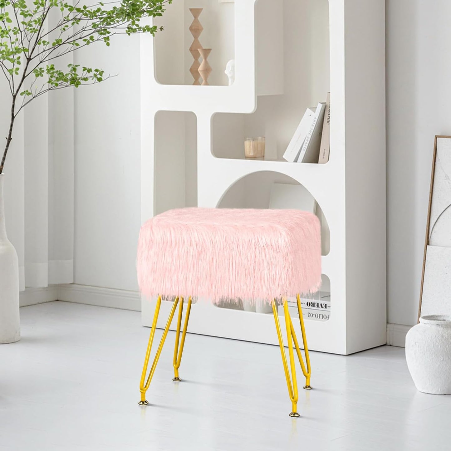 Vanity Stool Chair with Storage, Soft Ottoman Seat Vanity Chair with Anti-Slip Feet, Fluffy Padded Seat Multifunctional Footrest Side Table with 4 Metal Legs for Makeup, Bedroom, Dorm, Pink